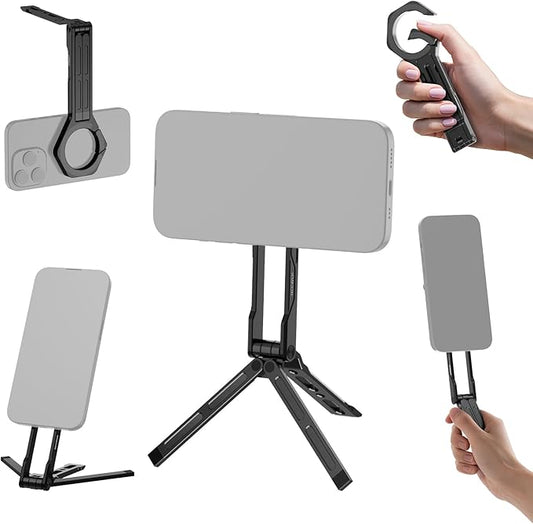 NEEWER Magnetic Phone Holder Stand, Metal Lightweight Portable Cell Phone Desk Tripod Mount Selfie Stick Grip Carabiner Style Quick Release, Compatible with MagSafe iPhone for Video Recording, DS027