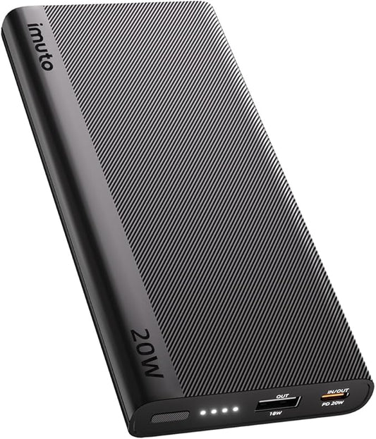imuto Portable Charger, Slim 20W PD 10000mAh Power Bank, USB C in & Out Fast Charging Battery Pack, Travel Essential External Phone Charger for iPhone, iPad, Samsung, Google, LG