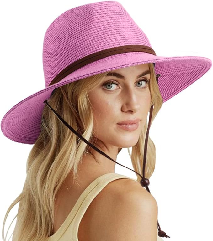 DRESHOW Women Straw Panama Hat Travel Fedora Beach Sun Hat Summer Wide Brim Straw Roll up Hat UPF 50+