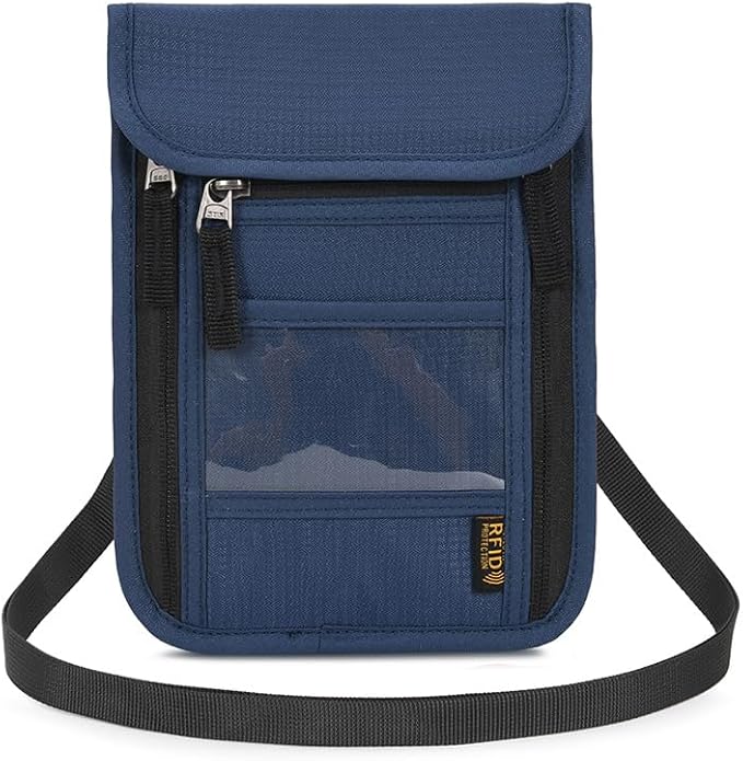 Passport Holder for Travel, Neck Pouch Travel Wallet With RFID Blocking, Waterproof Lightweight Passport Wallet for Women and Men (Dark Blue)
