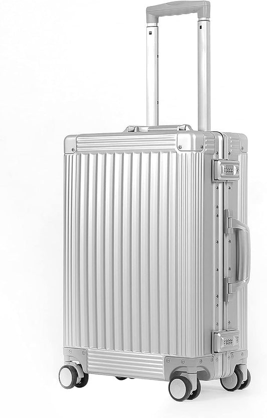 DOMINOX All Aluminum Carry On Luggage Hard Shell Luggage Aluminum Suitcase for Travel Zipperless Luggage Checked Luggage with Silent 360° Spinner Wheels 20 In. (Vertical Grain Style, Sliver)