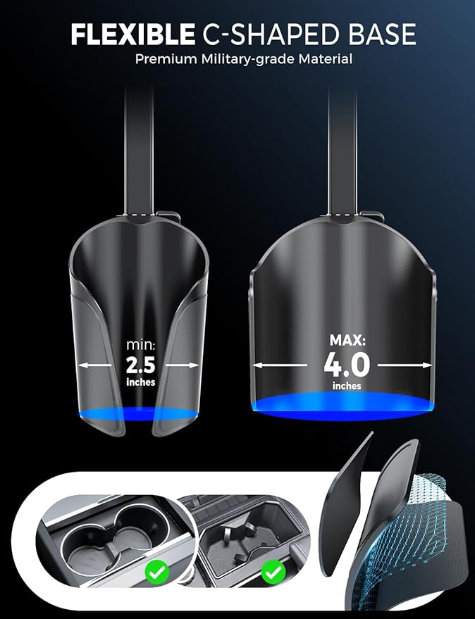 eSamcore Cup Holder Phone Holder, Unobstructed Cup Holder Phone Mount for Your Car Cupholder (2.5"-4") with Flexible C-Shaped Base, 360° Swiveling, 0.8" Deep Clamp Compatible with iPhone 4.7"–7"