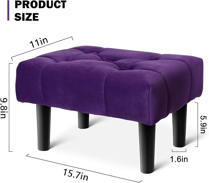 HOUCHICS Small Footstool Ottoman, Velvet Wooden Foot Stool Ottoman with Wood Legs, Sofa Footrest Extra Seating for Living Room Entryway Office(Purple 2PACK)