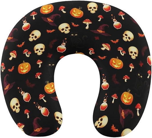 Fashion Travel Pillow Memory Foam Chin Head Support Halloween Witch Black Cat Bat Pumpkin Skull Mushroom, Breathable Washable Cover for Women Men Airplane Car Decor