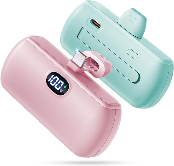[2 Pack Mini Portable Charger USB C, 5000mAh Cell Phone Portable Power Bank, 22.5W Max Fast Charging Battery Pack for iPhone17/16/15/Android etc, Travel Essential, LCD Display, Pink&Green