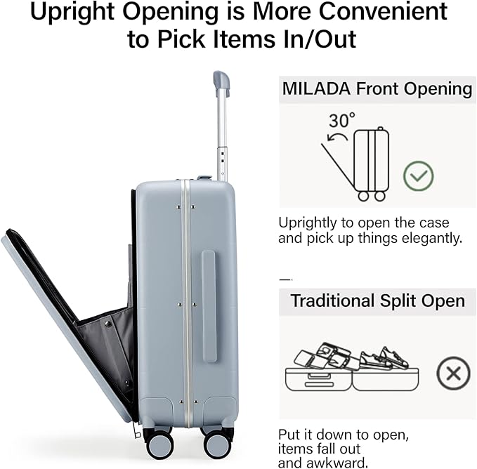 MILADA Carry On Luggage 22x14x9 Airline Approved Spinner Wheels TSA Luggage Hard Shell Suitcases Front Opening Pocket For Women Men Rolling Aluminum Frame Travel Luggage 20 Inch, Grey