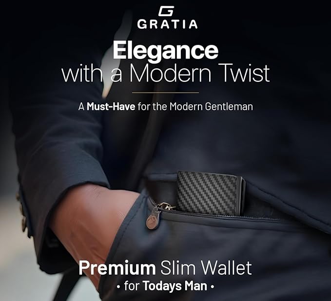 GRATIA Slim Wallet for Men - RFID Blocking, Minimalist Credit Card Holder, Stylish Men Wallet for Security & Convenience, Front & Back Pocket Cardholder, Holds 8 Cards (Carbon)