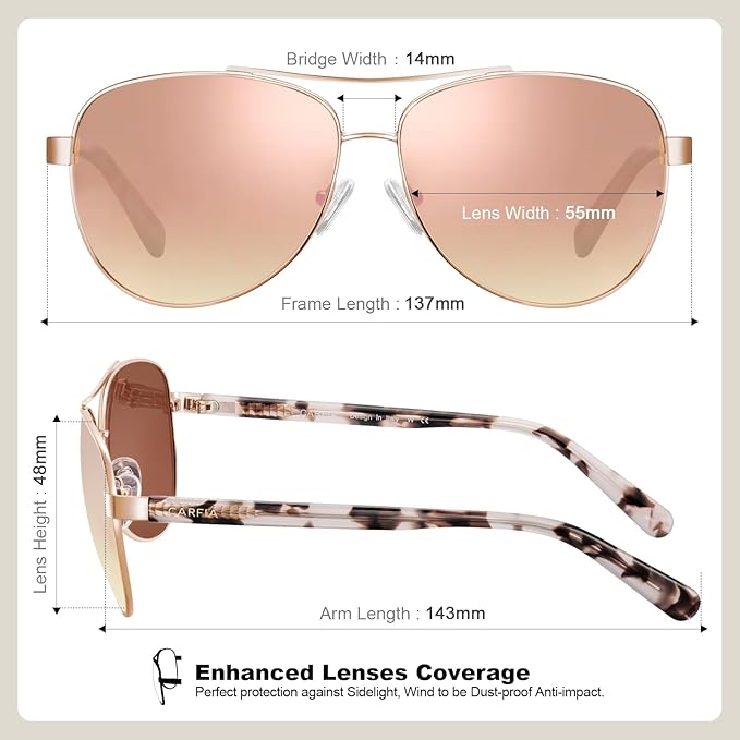 CARFIA Polarized Sunglasses for Women UV Protection Acetate Arms Metal Frame Woman's Shades CA3216