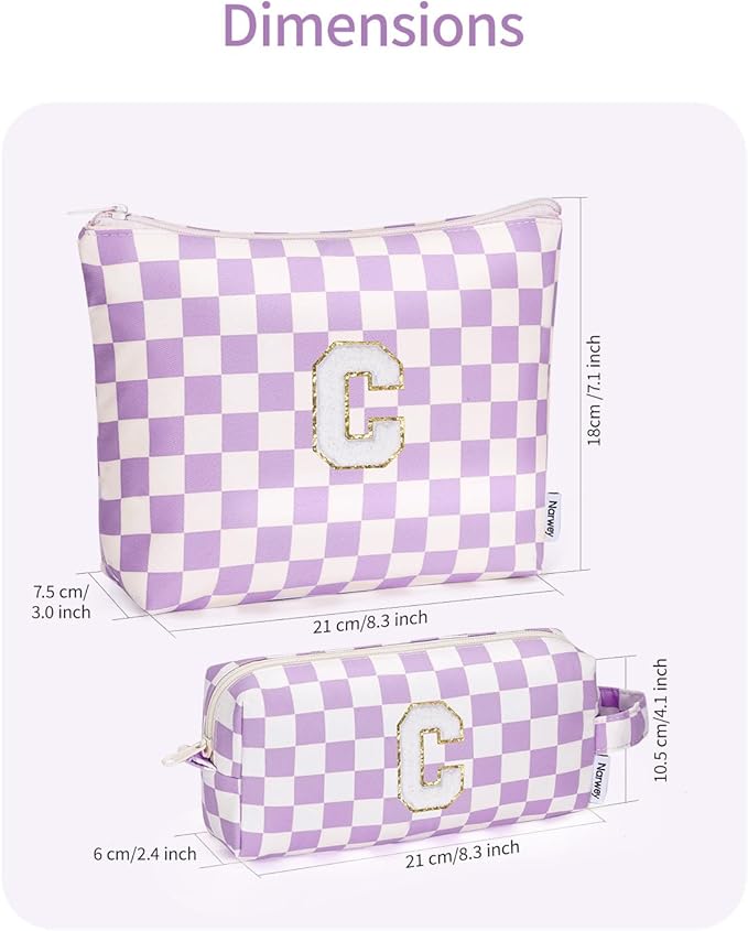 Narwey 2 Piece Personalized Initial Makeup Bag Checkered Cosmetic Bags, 6 8 10 11 12 13 14 16 18 Years Old Teen Girl Gifts Trendy Stuff Birthday Gifts for Women, Travel Toiletry Bag (Purple Letter C)