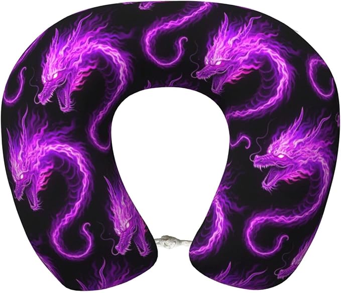 Neck Pillows for Travel Purple Fire Dragon Art, Women and Men Airplane Car Pillow, Neck Support U Shaped Pillow for Rest Pain Relief Sleeping