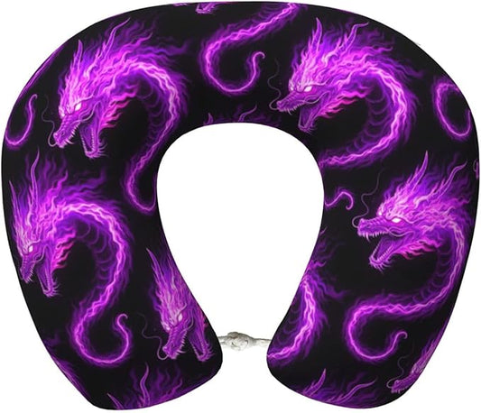 Neck Pillows for Travel Purple Fire Dragon Art, Women and Men Airplane Car Pillow, Neck Support U Shaped Pillow for Rest Pain Relief Sleeping