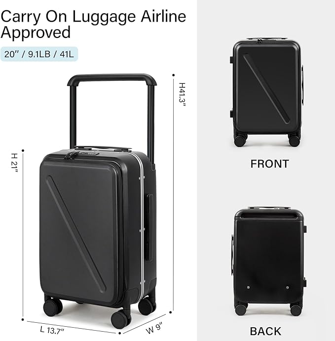 MILADA Wide Handle Carry On Luggage with Front Pocket Hardshell 20 Inch Front Opening Luggage with Spinner Wheels TSA Lock Aluminium Suitcase Airline Approved Carry-On Travel Luggage, Black