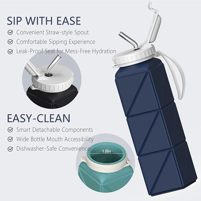 Collapsible Water Bottles with Straw 20.6oz, Silicone Foldable Portable Water Bottle, BPA-Free, Leakproof Reusable for Travel Camping Hiking Cycling Yoga Sports, 1 Pack (Dark Blue)