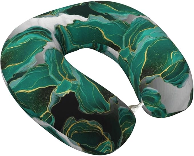 Comfortable Memory Foam Neck Pillow Abstract Teal Green Turquoise Marble, Travel U Shaped Airplane/Car/Flight Pillows with Removable Zipper Cover, Chin Head Neck Support Cushion