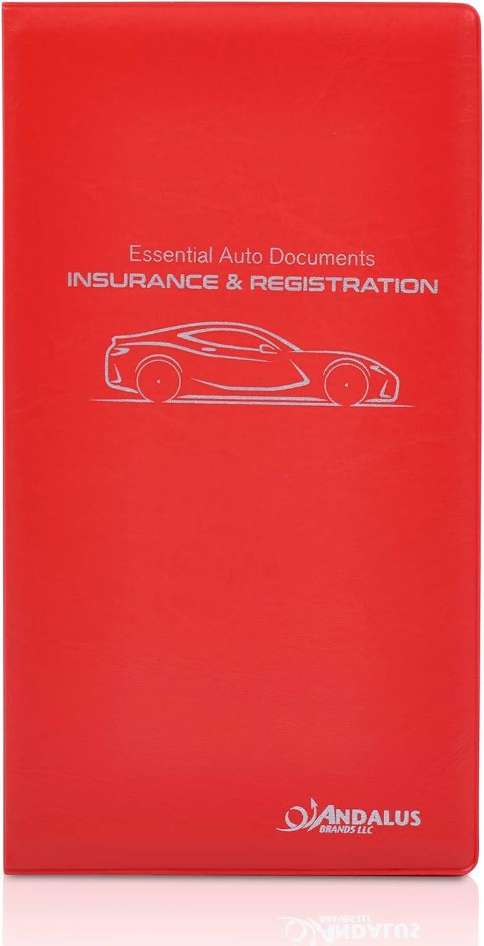 Andalus Auto Registration & Insurance Card Holder Pack of 1, Waterproof Essential Car Registration Holder with Hook & Velcro Closure, Perfect for Every Vehicles Glove Boxes (Red - 9.5" x 5.15")