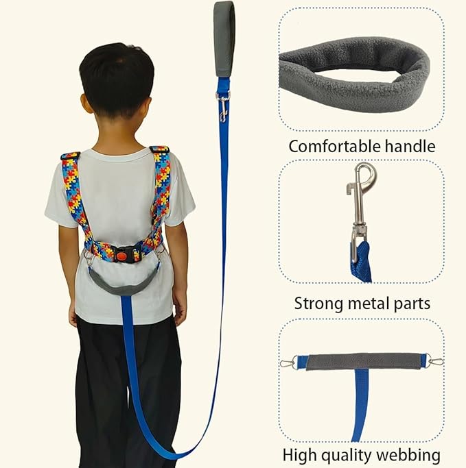 Safety Harness Leash for Special Needs Child Aged 3-10 Years,Walking Harness for Older Children with Grip Handle,Adjustable Tether with Autism Awareness Color Matching Straps for Special Needs