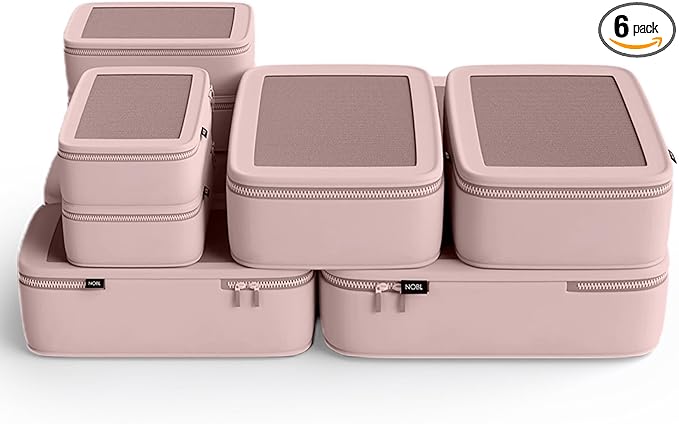 NOBL Travel Compressible Packing Cubes Set, 6 Pieces Travel Packing Organizers, Compression Luggage Cubes for Suitcases & Carry On, Space Saving (XXS, XS, S, M, L, XL) - Pink
