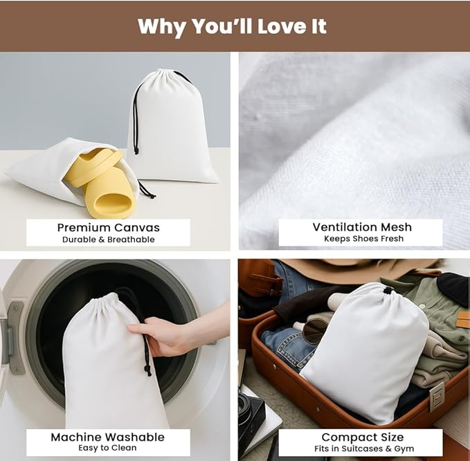 LFH Cotton Rich Shoe Storage Bags with Drawstring, Dustproof Breathable Reusable Organizer, Perfect For Travel, Dorm, Hotel, College, Gym, Easy to Carry, Machine Washable 12"x17" (Pack of 6) - White