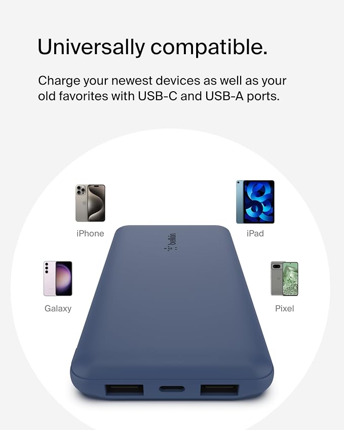 Belkin Portable Charger, USB C Power Bank 10000 mAh w/ 2xUSB-A Ports, 15W w/ Type-C to Type-A Cable - iPhone 17, Air, Pro, Pro Max, Samsung Galaxy S25, Nintendo Switch 2, Google Pixel 10, etc. - Blue