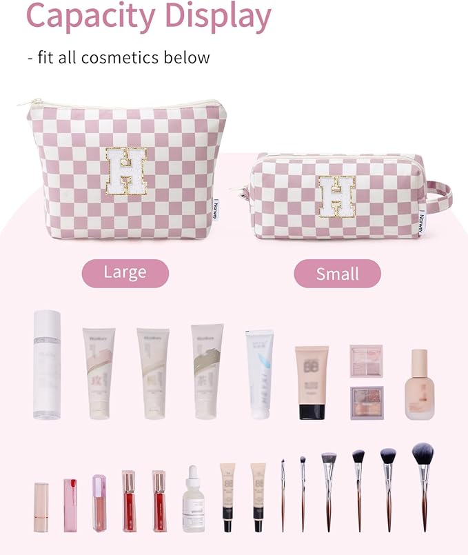 Narwey 2 Piece Personalized Initial Makeup Bag Checkered Cosmetic Bags, 6 8 10 11 12 13 14 16 18 Years Old Teen Girl Gifts Trendy Stuff Birthday Gifts for Women, Travel Toiletry Bag (Pink Letter H)