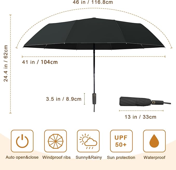 2-Pack Windproof, Waterproof, UV-Blocking Portable Travel Umbrella, Compact Sun & Rain Folding Umbrella, Double Rib Structure, Large Auto Open and Close Car Umbrella