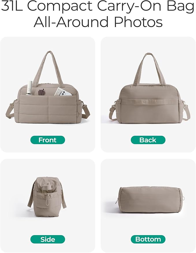 BAGSMART Gym Bag for Women, Lightweight Puffer Duffle Bag 2-PC Travel Bag, 31L Weekender Overnight Bag Quilted Carry On Tote Bag, Diaper Hospital Dance bag for Travel, Gym, Water Resistant, Camel