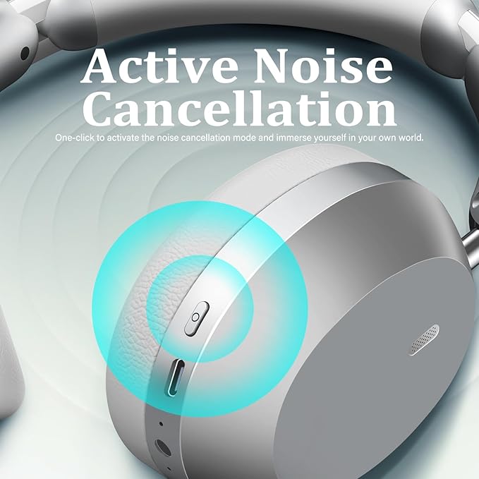 Wentronic Y04 Bluetooth Headphones Active Noise Cancelling Wireless Over Ear Headphones 48 Hours Playtime High Sound Quality Foldable Headphones with Soft Ear Cushion for Travel - Silver