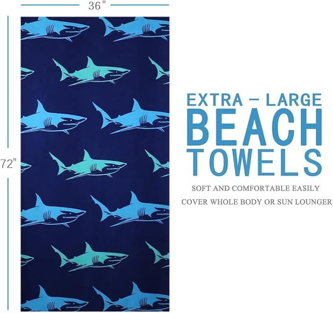 4 Packs Oversized Thin Beach Towel Set, 36 x 72 in XL Extra Large Big Soft Pool Swim Travel Towels Clearance for Adult Women Men Lounge Chair Cover Accessories Essentials Fish Shells Sharks Turtles