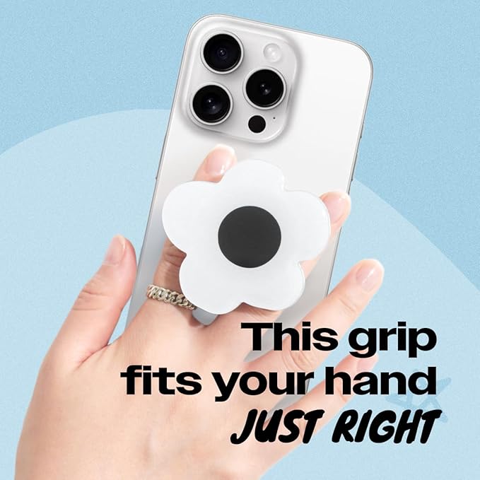 OnTheGrip Cute Solid Color Daisy Flower Design Collapsible Mobile Phone Grip Stand Holder for Smartphone Tablet Cell Phone Accessory (White Black)