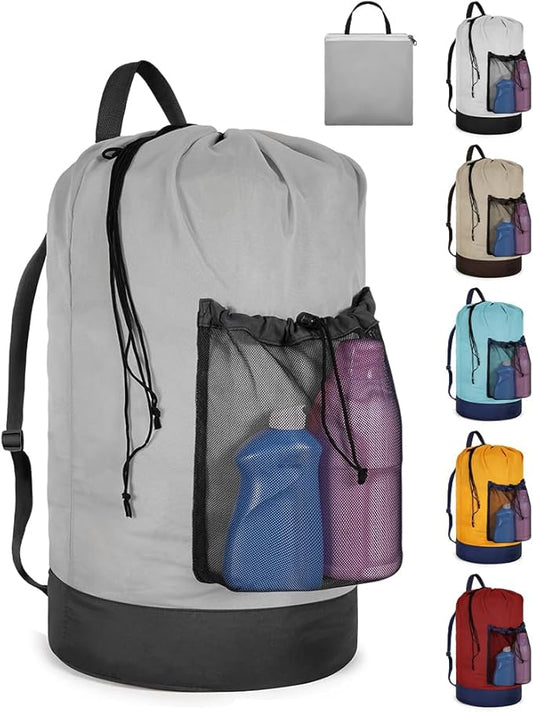 Laundry Bag with Shoulder Straps and Mesh Pocket Laundry Backpack Large Portable Laundry Hamper for College Laundromat Apartment