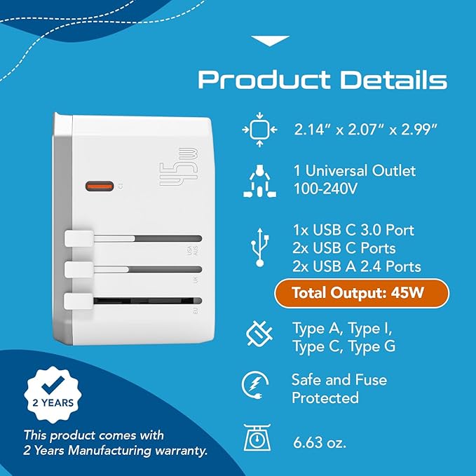 Ceptics 6-in-1 Universal Travel Adapter with 2X USB-A and 3X USB-C, 45W for Global Use, Compatible with US, EU, UK & More, White