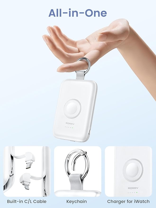 RORRY Portable Charger, 10000mAh PD 20W Fast Charging Portable Charger Power Bank with Built in Cables, Travel Battery Pack for iPhone 17/16/15/14/13/12 and Apple Watch Ultra/11/10/9/8/7/6/5, White