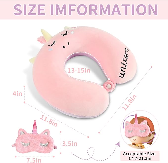 Neck Travel Pillow for Kids, Unicorn Airplane Memory Foam Pillow with Cute Sleep Mask & Earplugs, Lightweight Travelling Sleeping Pillow Set for Car, Train, Bus and Home Use (Pink)