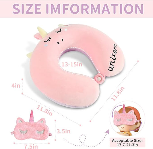 Neck Travel Pillow for Kids, Unicorn Airplane Memory Foam Pillow with Cute Sleep Mask & Earplugs, Lightweight Travelling Sleeping Pillow Set for Car, Train, Bus and Home Use (Pink)