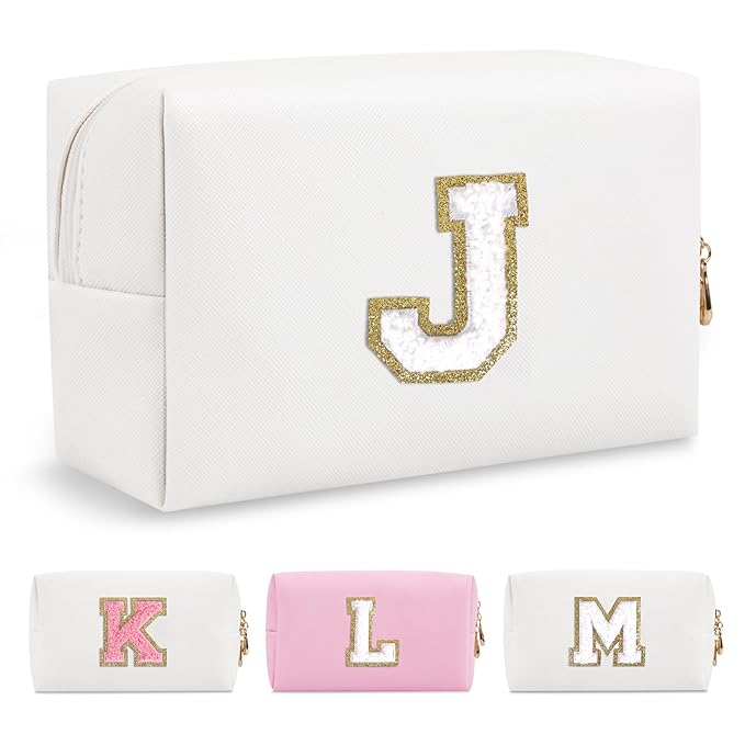 Small Personalized Initial A-Z Preppy Patch Makeup Bag,White PU Chenille Letter Travel Cosmetic Pouch with Zipper,Cute Toiletry Bag,Gift Ideal for Teen Girls Women Teacher Bridesmaid,Letter J