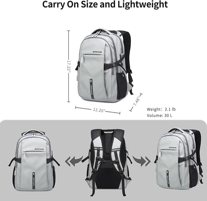 Travel Carry On 15.6" Laptop Backpack for Men, Large 30L Anti-Theft & Waterproof Backpacks Flight Approved for Business, Commuting, Work, Weekend Casual Daypack, Grey, Silver
