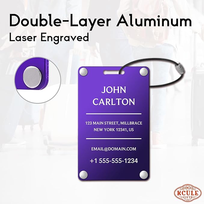 Personalized Luggage Tags for Suitcases - Aluminum Custom Luggage Tags for Backpacks & Bags, Sturdy, Waterproof & Heavy Duty (Purple/Card-Sized)
