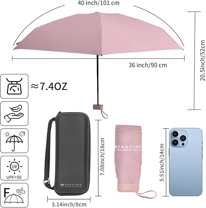 Compact Mini Windproof Travel Umbrella-UPF 50+ Sun & Rain Protection, Small Folding Design Fits in Pocket or Purse, Lightweight Portable with Case for Women, Men & Kids