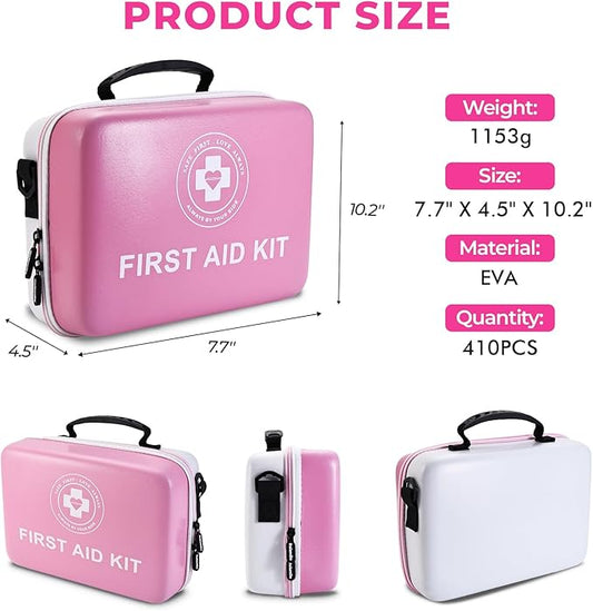 Large First Aid Kit - 410 Piece Dual-Color Emergency Kit with Hard Shell,Professional Survival Kit for Home, Car, Travel, Hiking & Outdoor(Pink/White)