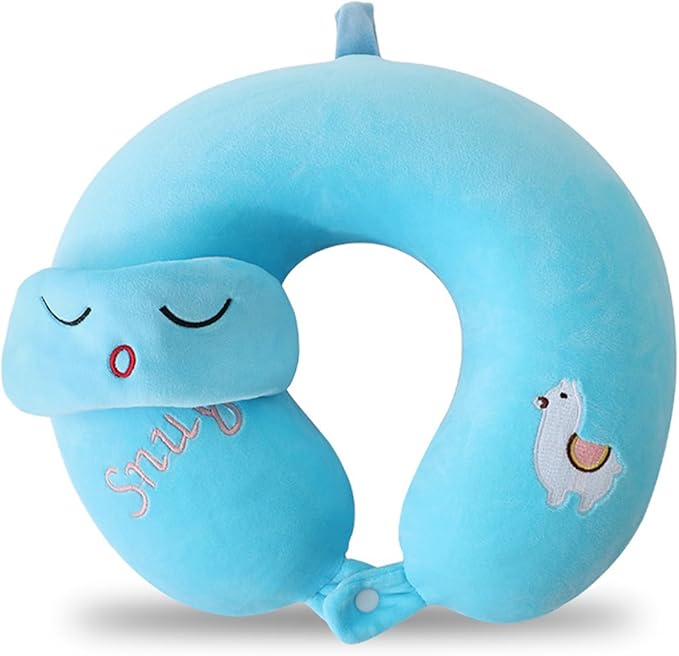 Kids Neck Pillow for Travel with Sleep Eye Mask, Cute Travel Neck Pillow, Memory Foam Flight Sleeping Headrest Pillow for Boys & Girls, Airplane, Train, Car, Home Use - Little Alpaca