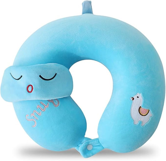 Kids Neck Pillow for Travel with Sleep Eye Mask, Cute Travel Neck Pillow, Memory Foam Flight Sleeping Headrest Pillow for Boys & Girls, Airplane, Train, Car, Home Use - Little Alpaca