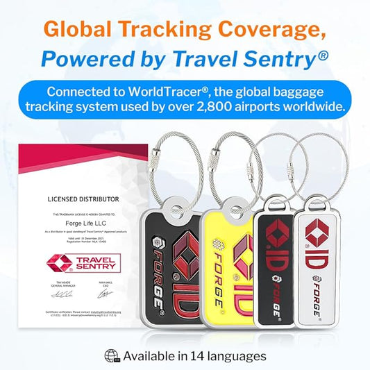 Forge Smart Lost and Found Luggage Tags, Global Luggage Tracking Tag, Travel Sentry Powered Baggage ID System for Luggage, Bags, Suitcases, and More (Black 4 PK)