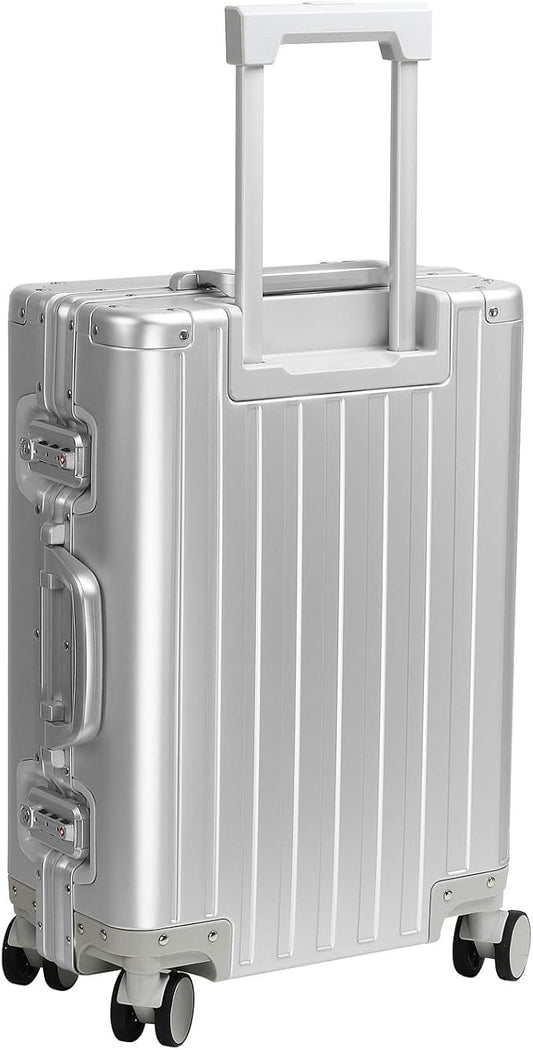 25-inch Aluminum Checked Luggage: Silver - Full Metal Shell - Crush-Resistant & Burst-Proof, TSA Lock & Spinner Wheels for Business Travel - Men Women