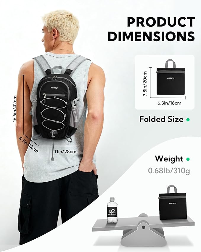 WATERFLY Small Lightweight Packable Backpack: 15L Mini Ultra Light Foldable Travel Daypack with Breathable Shoulder Strap Outdoor Hiking Camping Day Pack for Women Men Black