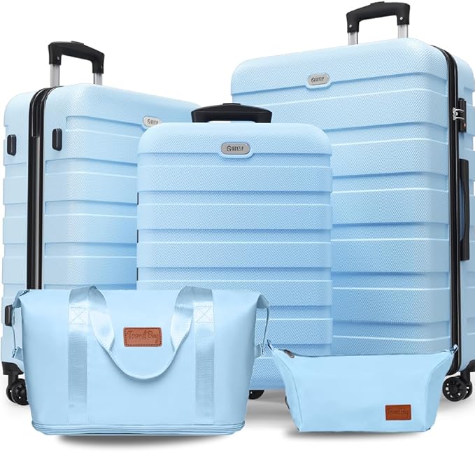 AnyZip Luggage Set 5 Piece PC ABS Hardshell Lightweight Suitcases for Travelling with 4 Universal Wheels TSA Lock Carry on Suitcase Light Blue