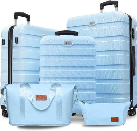 AnyZip Luggage Set 5 Piece PC ABS Hardshell Lightweight Suitcases for Travelling with 4 Universal Wheels TSA Lock Carry on Suitcase Light Blue