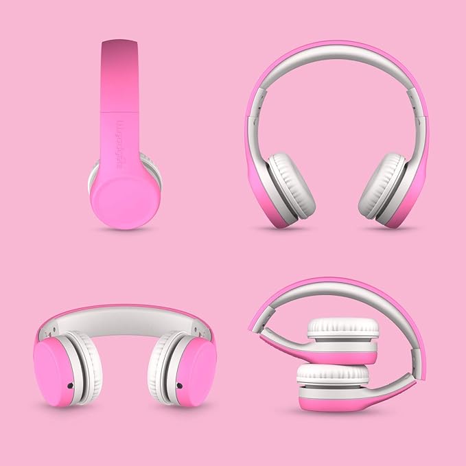 LilGadgets Connect+ Foldable Headphones, Adjustable Fit Soft Touch Padding for Kids with Mic, Volume-Limited & Noise Reduction On-Ear Wired Headset for School with SharePort - Pink, Ages 3-14