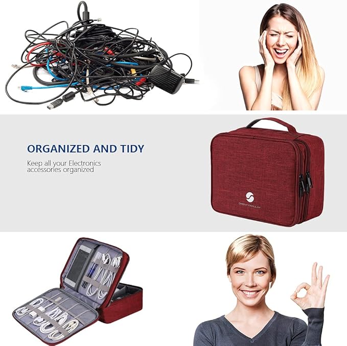 ORIENT FAMULAY Travel Electronics Organizer, Waterproof Cable Organizer Bag for Electronic Accessories Double Layer Large Shockproof Cable Storage Bag for Cord, Power Bank, Tablet(Up to iPad 11 inch) - Wine Red