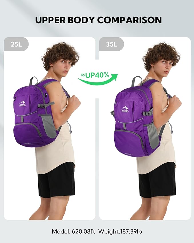 WATERFLY Hiking Packable Daypack Backpack: 35L Ultra Lightweight Day Pack for Woman Man - Large Compact Folding Back Pack for Outdoor Sport Cycling Camping Travel Trip - Purple