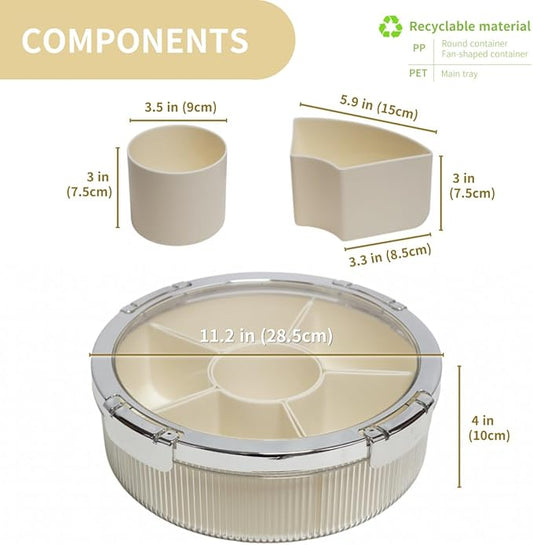 Snackle Box Container, Round Divided Serving Tray with lid 6parts for Veggie, Candy and Nuts Organizer for Travel, Party and Picnic (Cream/Silver)